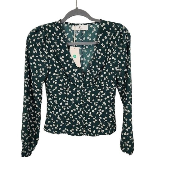 Commense The V-Neck Floral Printed Blouse in Green‎ - Size XS - Picture 1 of 5
